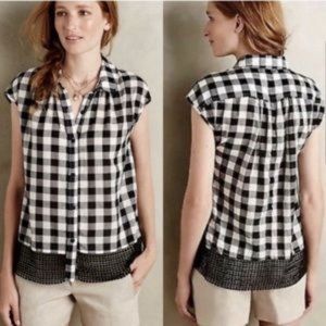 Anthropologie Holding Horses Navy Buffalo Plaid Lace Hem Button Down Shirt